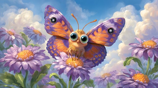 Whimsical butterfly on purple daisies