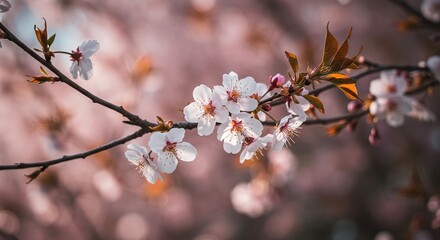 Delicate pink and white cherry blossoms blooming on branches under soft spring sunlight, symbolizing renewal and the fleeting beauty of nature ,springtime ,nature ,Cherry blossom