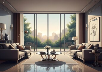 Modern living room with city skyline view in neutral tones interior design