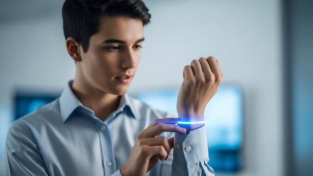 Young man interacts with futuristic device on his wrist with a glowing blue line