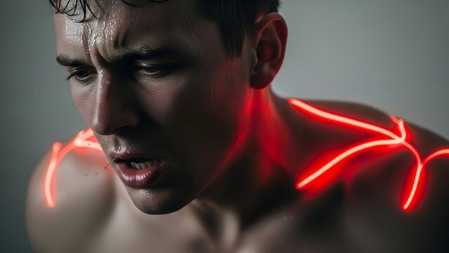 Close-up of sweating, determined man with glowing lines illustrating muscle strain