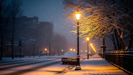 A snowy street scene at night with lit street lamps and a snow-covered car