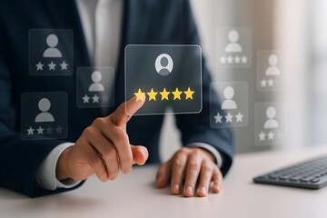 Business professional giving five star customer review with transparent rating panel