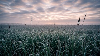 Frost-covered field at dawn with tall grass under a cloudy sky, early morning light
