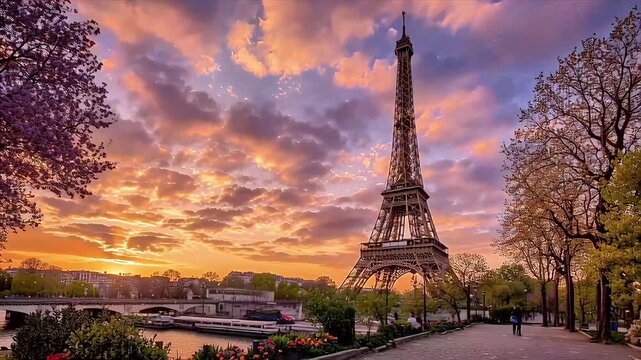 Eiffel Tower at Sunset: Paris Skyline with Pink Clouds and Spring Blossoms
