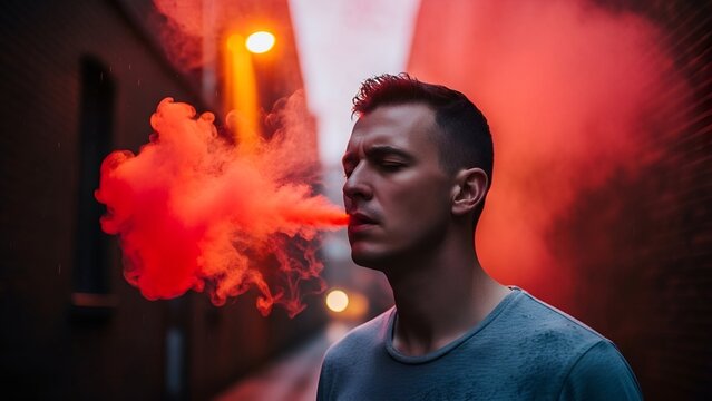 Man exhaling red smoke in a dark alley with warm streetlights