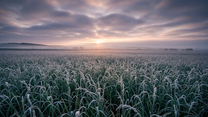 Sunrise illuminates a field of frosted grass, mist, and distant hills under a cloudy sky