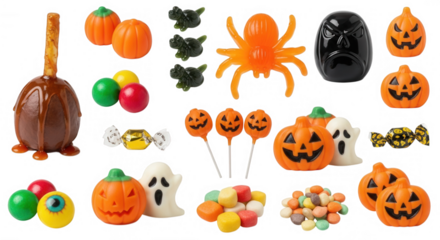 Halloween candy assortment isolated on a transparent background