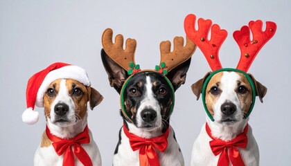 three dogs pet celebrating christmas wearing a reindeer antlers diadem, santa hat and red ribbon 