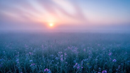 A misty meadow basks in the ethereal glow of a sunrise, blurring clouds and wildflowers