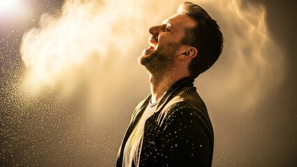 Man with beard and open mouth covered in golden dust, backlit, joyful expression