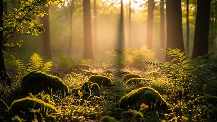 A sunlit forest scene; rays of light filtering through the trees, illuminating the undergrowth