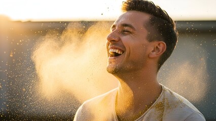 Man laughs with joy as colorful powder floats around his face in warm, golden light