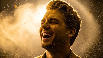 A smiling person in the midst of a golden dust explosion, backlit and filled with joy