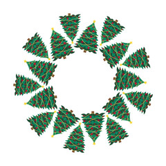 A round frame with decorated Christmas trees. A festive, illuminated tree with New Year's decorations. A frame with winter holiday trees. Perfect for Christmas cards, posters, and banners.