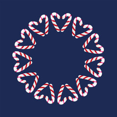 A round frame with Christmas candy canes. The frame features cinnamon stick candies, a white lollipop with red stripes. Perfect for Christmas cards, posters, and banners.