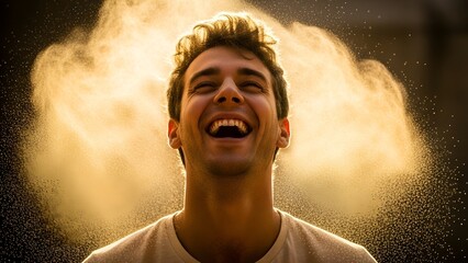 Joyful young man laughs with eyes closed, backlit by sunlight and a cloud of particles