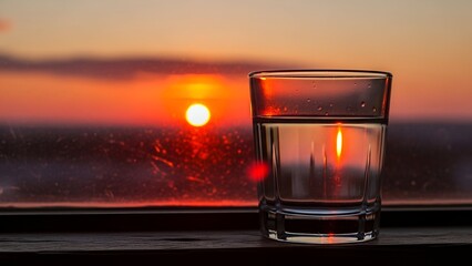 Clear glass of water, reflecting sunset's light through a window, against a vibrant orange sky