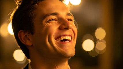 Joyful young man smiles, lit warmly. Focused face, open mouth, soft bokeh background