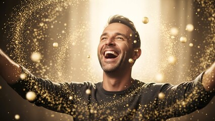 Man with open arms, surrounded by golden sparkles, looks up joyfully