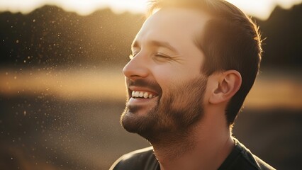 A smiling man, eyes closed, enjoying sunlight, with a warm, golden glow