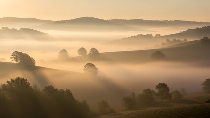 Rolling hills, draped in soft fog, bathed in the warm, golden light of dawn