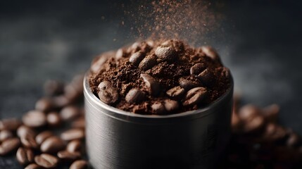Close up view of aromatic roasted coffee beans and freshly ground coffee powder within a metallic container with a dusting of powder