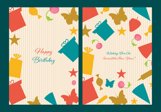 Colorful Editable Birthday Card Designs with Birthday elements and space for your message. 