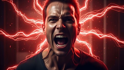 A man screams in agony, illuminated by striking red electric currents in a dark space