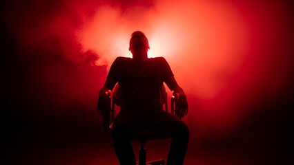 Silhouetted individual reclines in a chair under ominous, red-hued lighting. Mysterious and dramatic composition