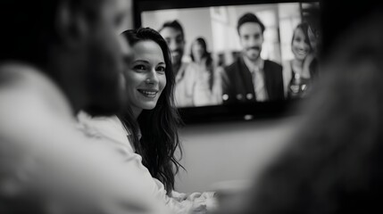 Smiling colleagues engage in a vibrant video conference meeting connecting remotely on a large digital screen in a professional setting