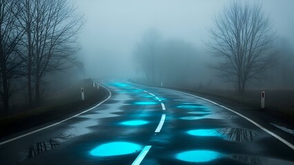 A winding, wet road through a foggy landscape with leafless trees and pools of glowing water