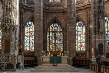 view of the altar inside the Saint Lawrence church in the city center of Nuremberg