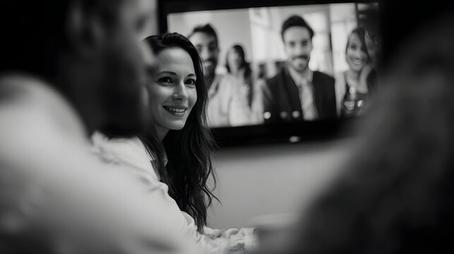 Smiling colleagues engage in a vibrant video conference meeting connecting remotely on a large digital screen in a professional setting