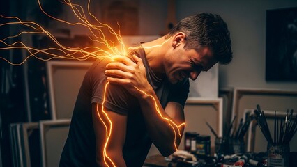 Man experiencing severe shoulder pain, visualized by glowing energy emanating from the injured area
