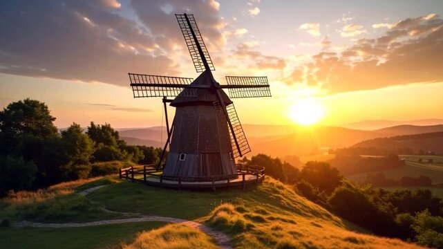 Windmill at sunset on a hill with a beautiful sky.
