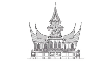 Line Drawing of Unique Traditional Building on White Background
