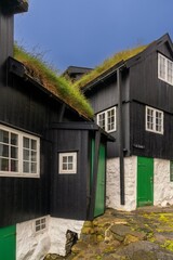 traditional sod-roof wooden homes in the city center of Torshavn on Streymoy in the Faroe Islands