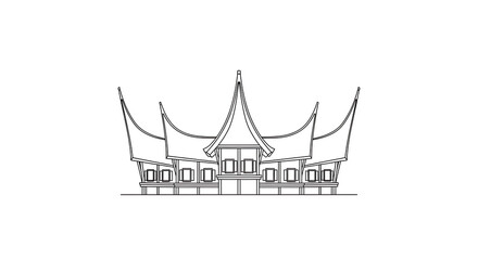 Outlined Traditional Building with Curved Roofs on White