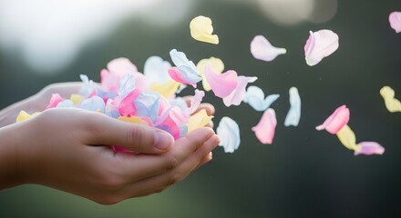 Hands holding flower petals confetti celebration party wedding event decoration background stock photo