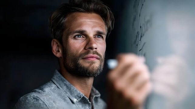 A focused man writes on a glass wall with a marker symbolizing planning and ideas