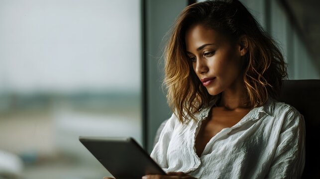 A focused woman with wavy brown hair sits indoors looking down thoughtfully at a tablet held in her hands with a blurred background visible through a