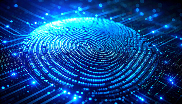 Digital Fingerprint: A close-up view of a fingerprint illuminated by blue digital circuitry, symbolizing identity, security, and the future.
