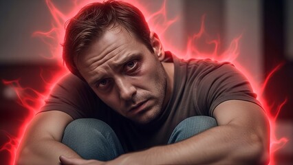 A sorrowful man sits with red energy glowing around him, showing distress and pain