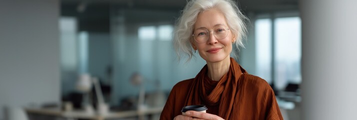 Elderly caucasian woman in office holding coffee cup with a warm smile