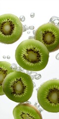 Fototapeta premium Refreshing kiwi slices floating in clear water with bubbles