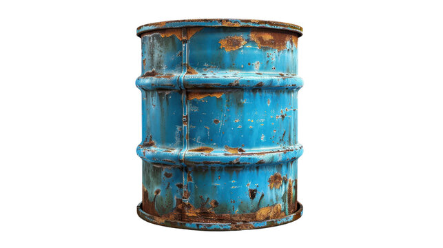 Rusted blue metal barrel with textured surface and black background image, Png On White Background, Isolated on Transparent Background, Cut Out
