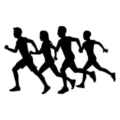 Obraz premium Silhouettes of four people running in a race, showcasing speed, fitness, and competition