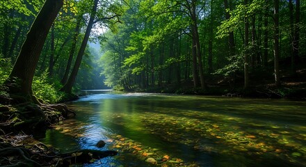 Fototapeta premium Sunlight filtering through lush green forest onto a clear river.