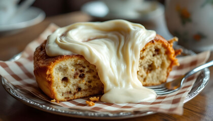 Half-eaten, warm cinnamon roll with excessive cream cheese frosting on a checkered napkin